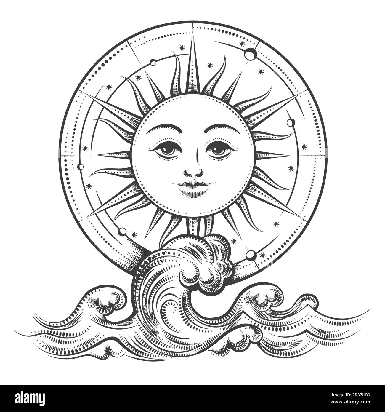 Human Face Sun e Ocean Waves disegnate in stile engraving isolato su bianco. Illustrazione vettoriale. Illustrazione Vettoriale