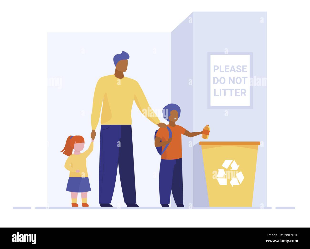 Papà con i bambini che gettano la lettiera nel cestino Illustrazione Vettoriale