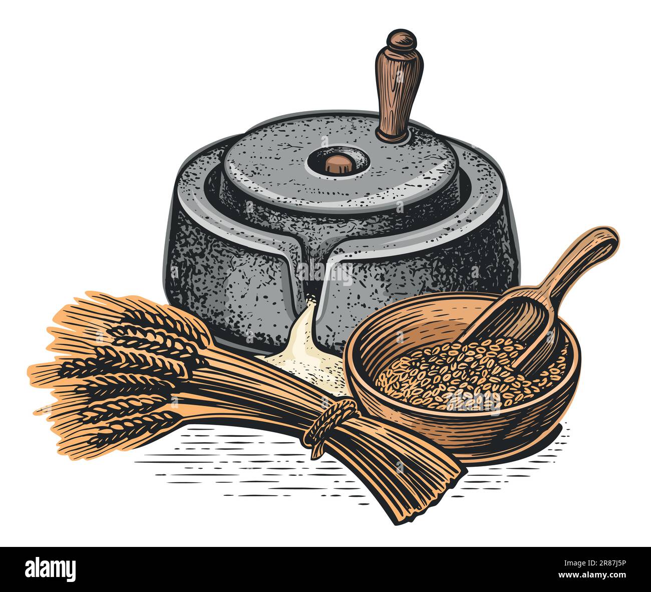 Macine manuali per grano con supporto manico, spighe di grano, cereali. Cottura e cottura della farina, ingredienti alimentari. Vettore Illustrazione Vettoriale