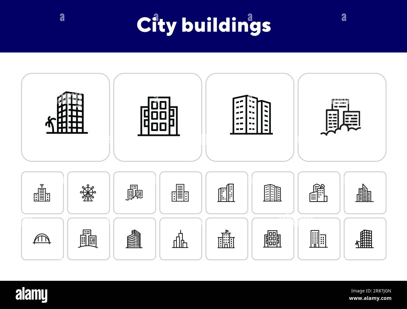 Set di icone delle linee degli edifici della città Illustrazione Vettoriale