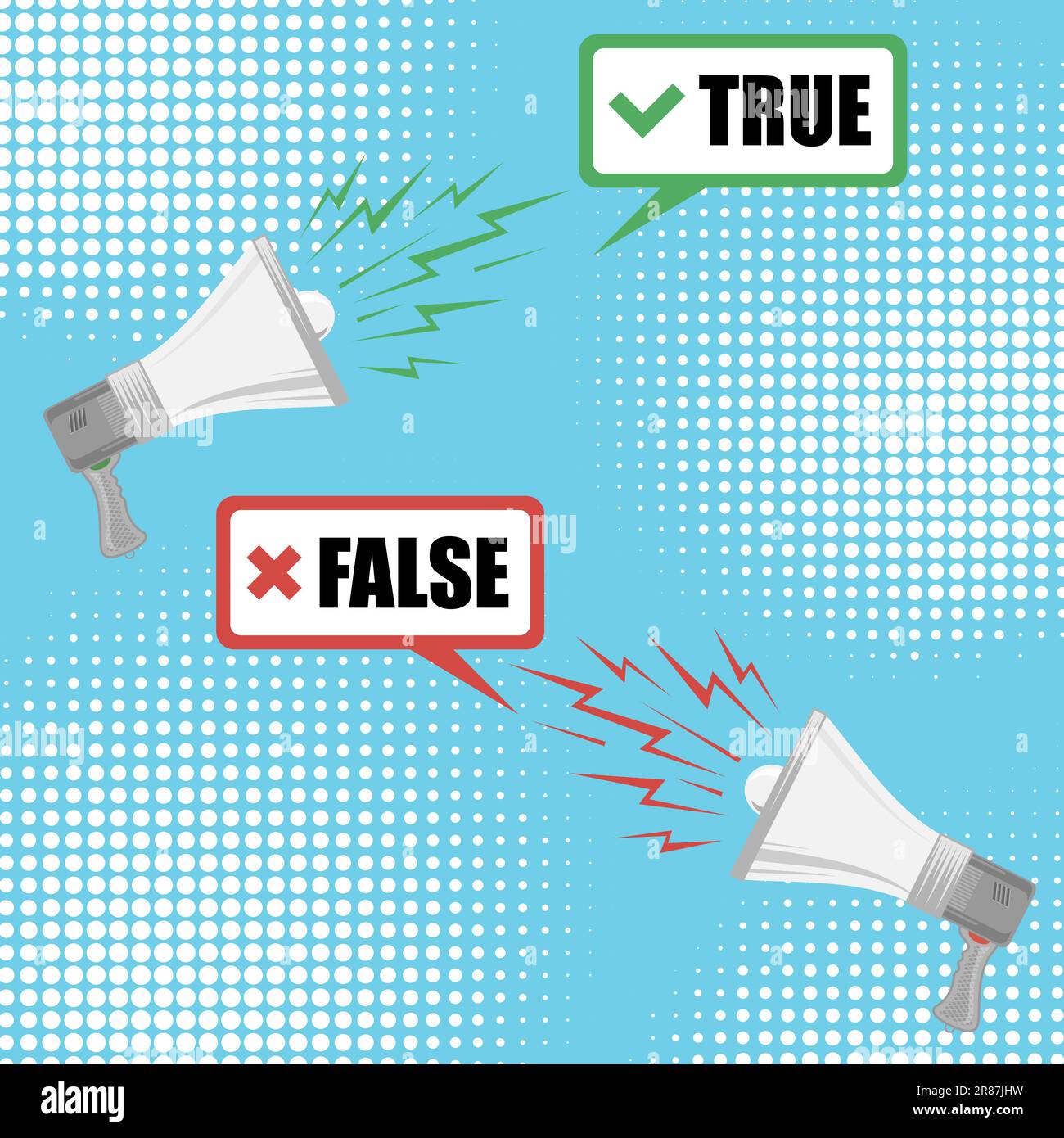 Vector True Falso Myths with megafones Sign on colorato e punteggiato su sfondo. Contro Battle Banner Illustrazione Vettoriale