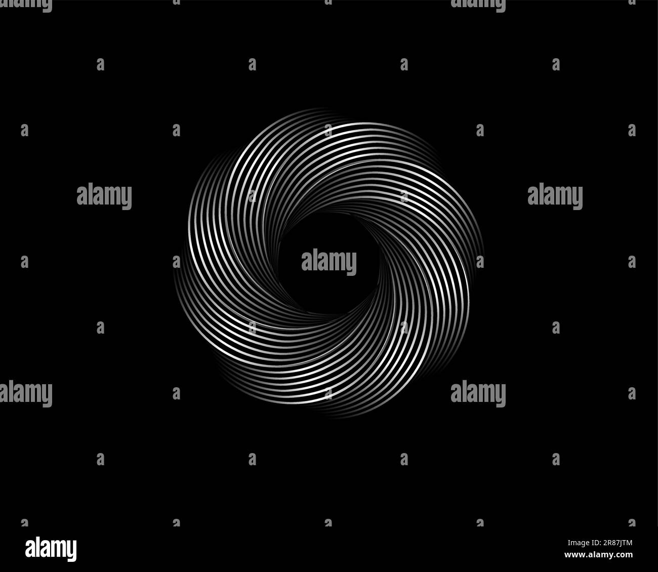 Metallic Abstract Flower Vortex, logo vettoriale cerchi geometrici isolato su sfondo nero. Tecnologia round in elementi ondulati Illustrazione Vettoriale