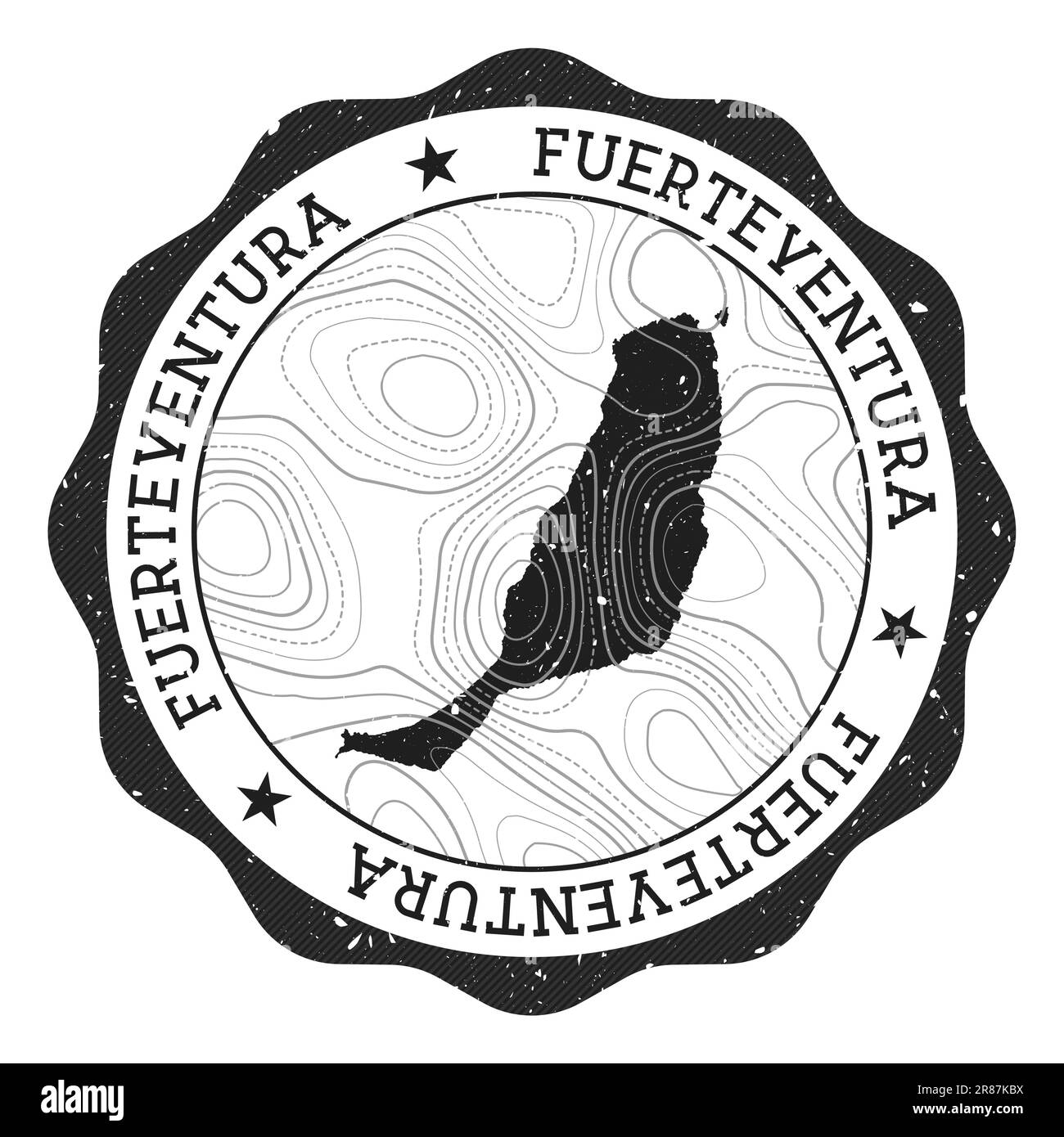 Francobollo esterno Fuerteventura. Adesivo rotondo con mappa dell'isola con isoline topografiche. Illustrazione vettoriale. Illustrazione Vettoriale
