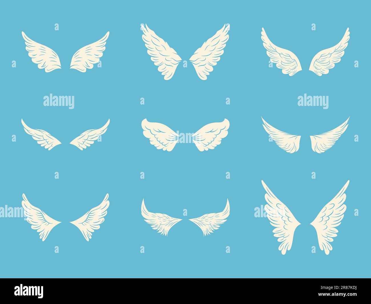 Set di icone Vector White Wing. Ali d'angelo vintage, icone, modello di disegno, collezione di clipart. Cupido, ali di uccello. Illustrazione vettoriale Illustrazione Vettoriale