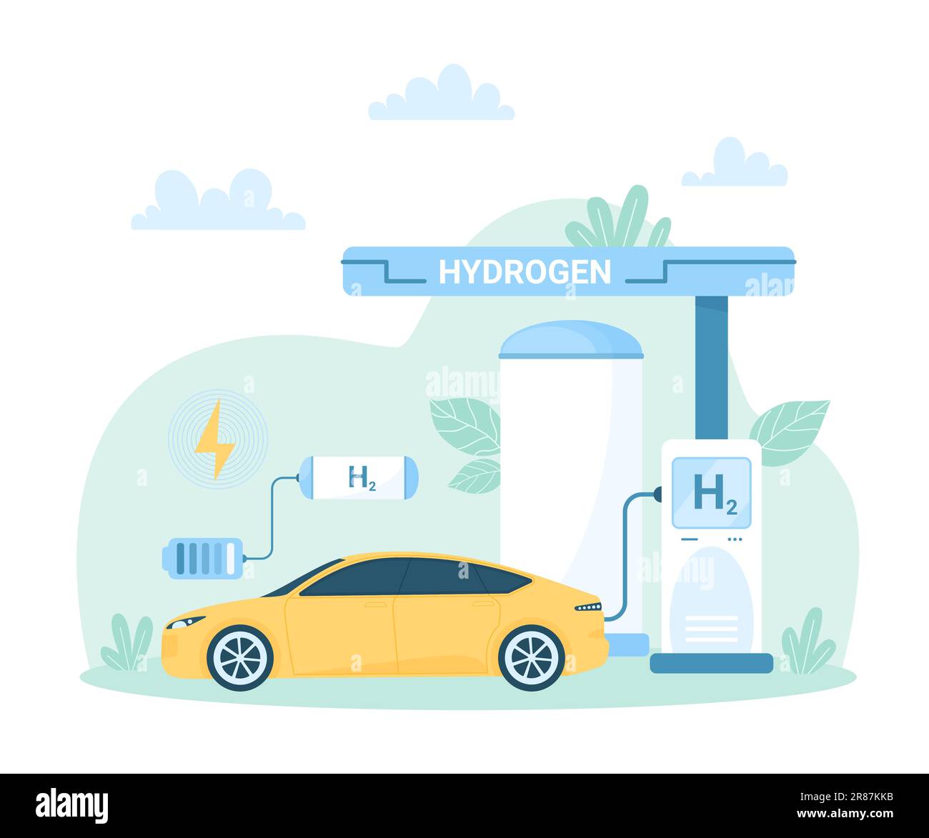 Veicolo a celle a combustibile, schema di H2 stazione per la carica della batteria dell'auto, illustrazione vettoriale. Trasporto ecologico di cartone animato con motore a idrogeno verde, tecnologia automobilistica a zero emissioni, centrale elettrica sostenibile Illustrazione Vettoriale