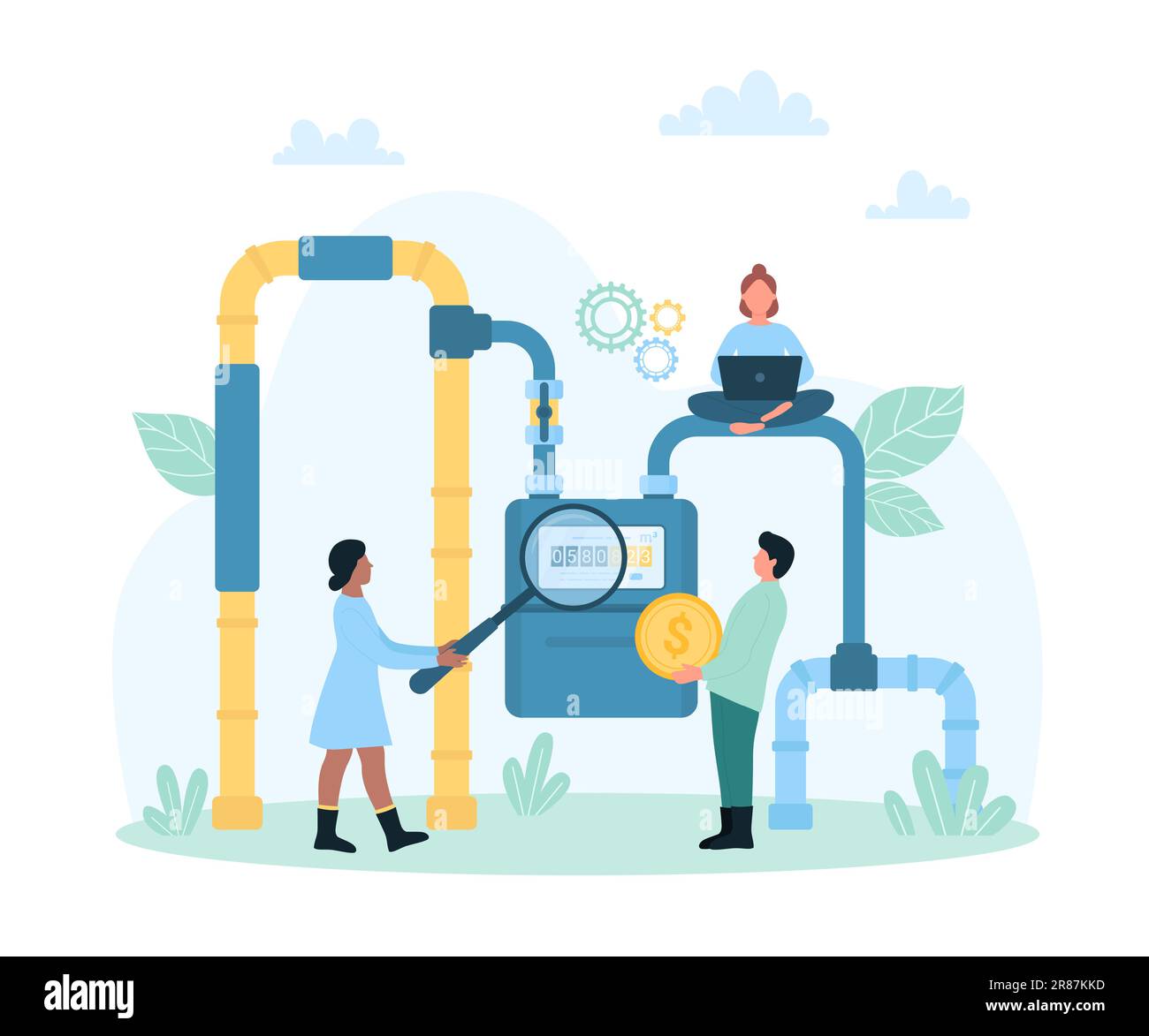 Illustrazione del vettore di pagamento della bolletta del gas. Cartoon persone piccole controllare le letture del misuratore di gas e il prezzo con lente d'ingrandimento, i caratteri dei clienti pagare denaro online per il servizio di fornitura e riscaldamento di casa di famiglia Illustrazione Vettoriale