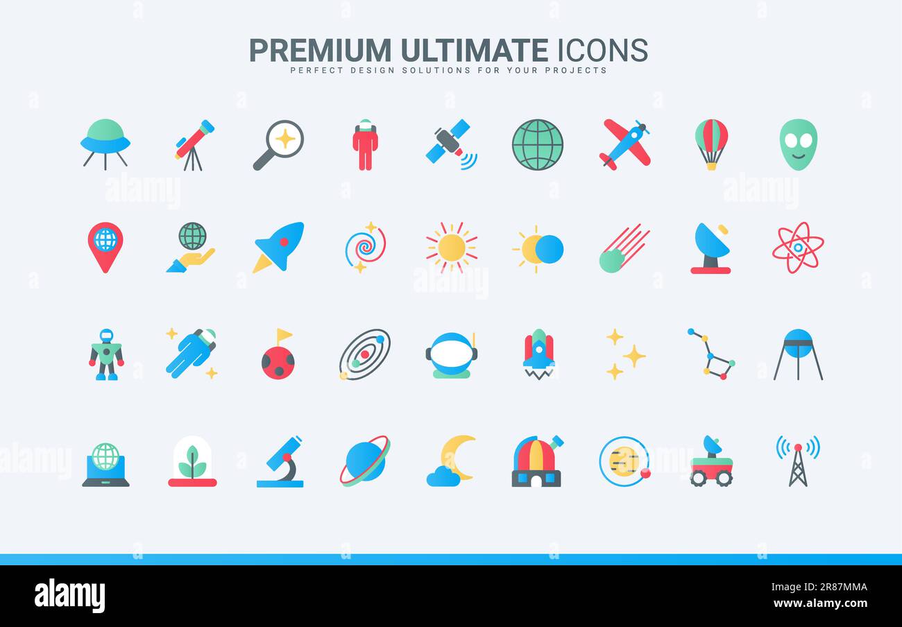 Astronauta e astronave, pianeti lunari e del sistema solare, osservatorio futuristico e telescopio. Viaggi spaziali, ricerca universo tecnologia trendy appartamento i Illustrazione Vettoriale