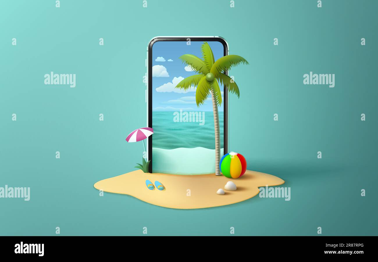 Telefono banner estate, app season party bar, fruttato tropicale. Vettore Illustrazione Vettoriale