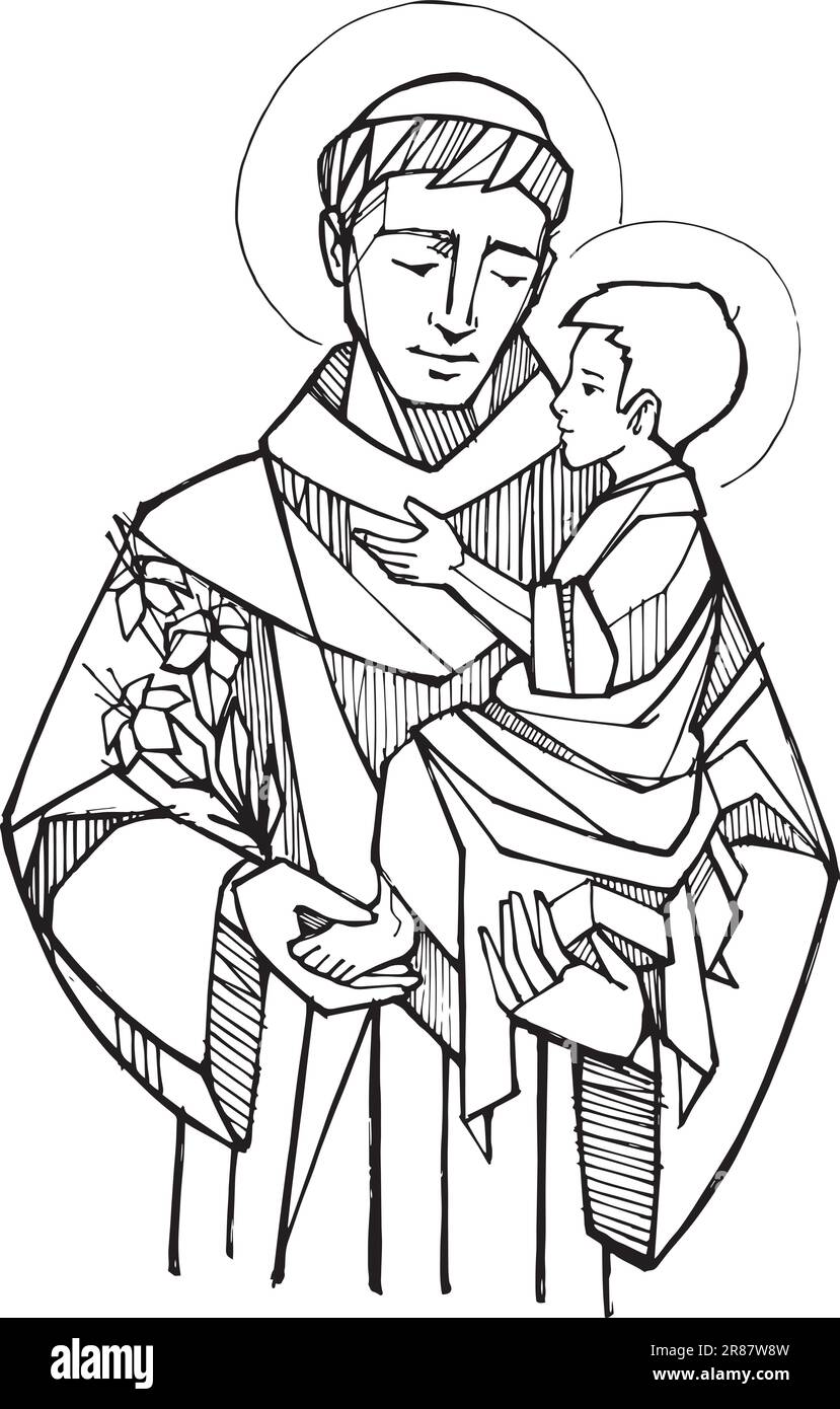 Disegno vettoriale disegnato a mano di Sant'Antonio da padova Illustrazione Vettoriale