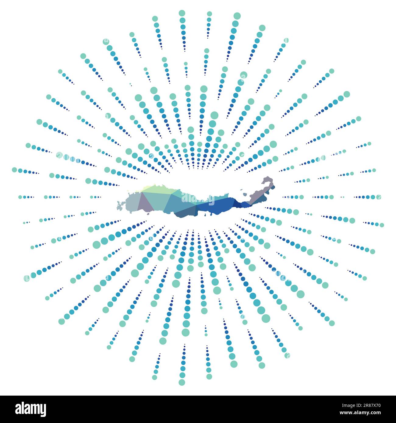 Forma di Flores, scoppio solare poligonale. Mappa dell'isola con raggi stellari colorati. Illustrazione Flores in digitale, tecnologia, Internet, stile di rete. Illustrazione Vettoriale