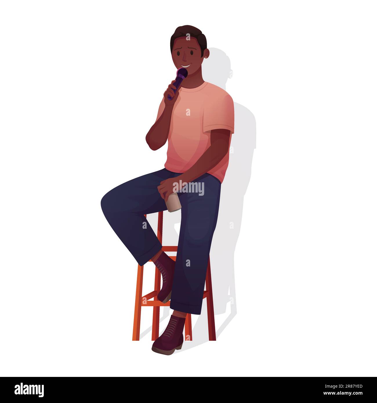 Spettacolo comico, stand up, evento a microfono aperto con comico isolato su sfondo bianco vettore illustrazione. Cartoon giovane uomo con microfono seduto su sgabello, comico persona esecuzione umorismo monologo Illustrazione Vettoriale