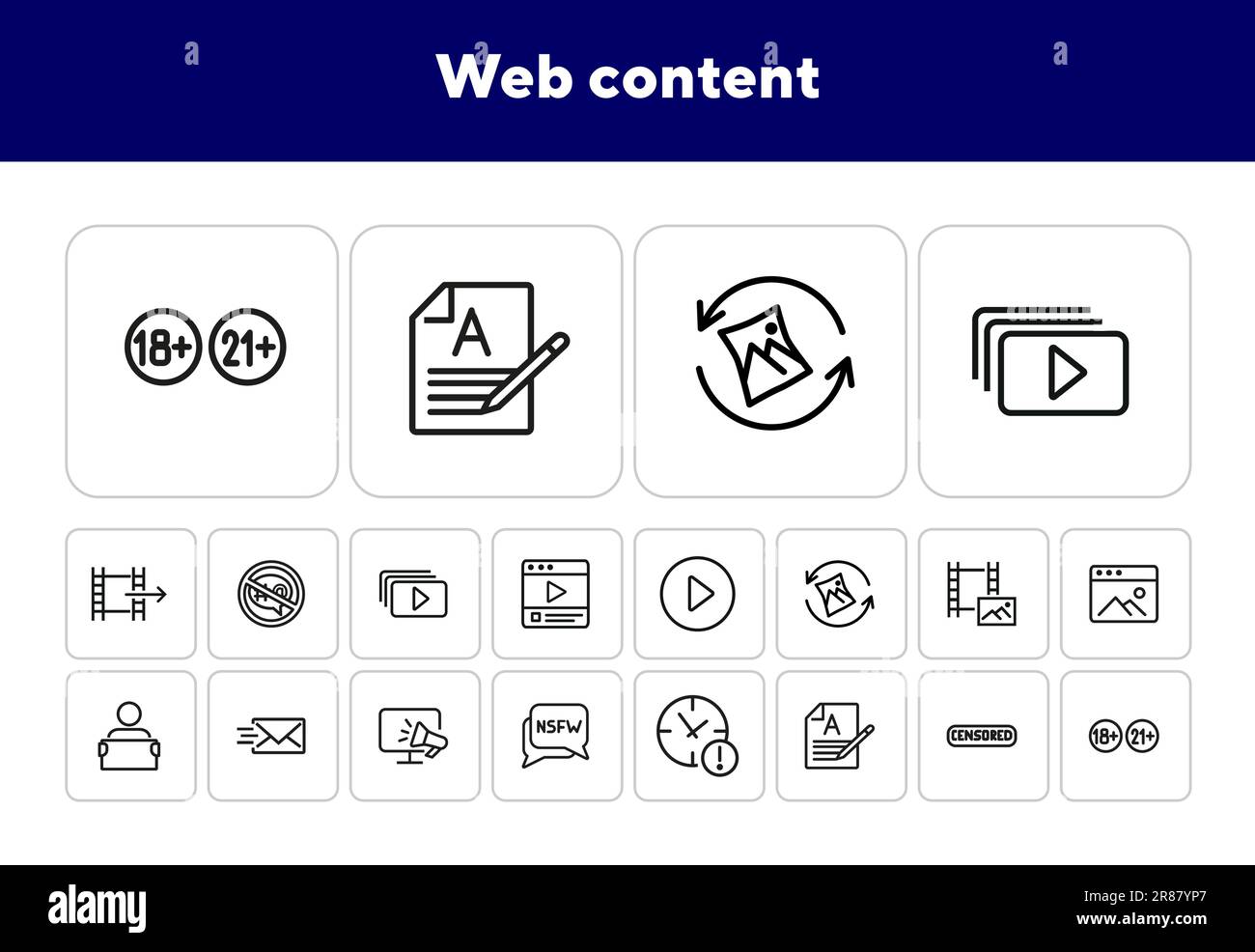 Set di icone della riga del contenuto Web Illustrazione Vettoriale