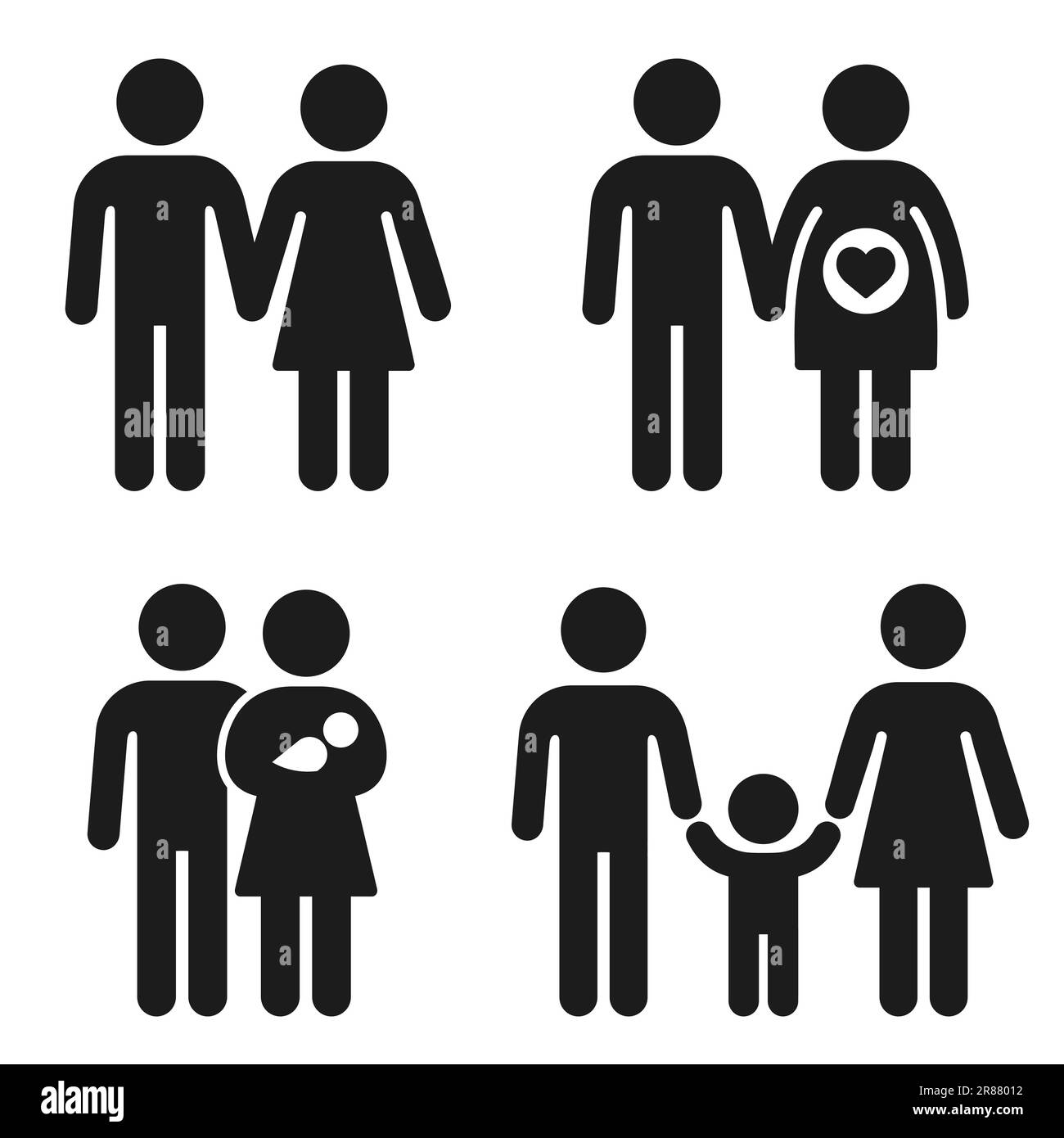 Set di icone gravidanza, parto e paternità di coppia. Uomo e donna con bambino e bambino. Persone semplici figure icone, simboli vettoriali. Illustrazione Vettoriale