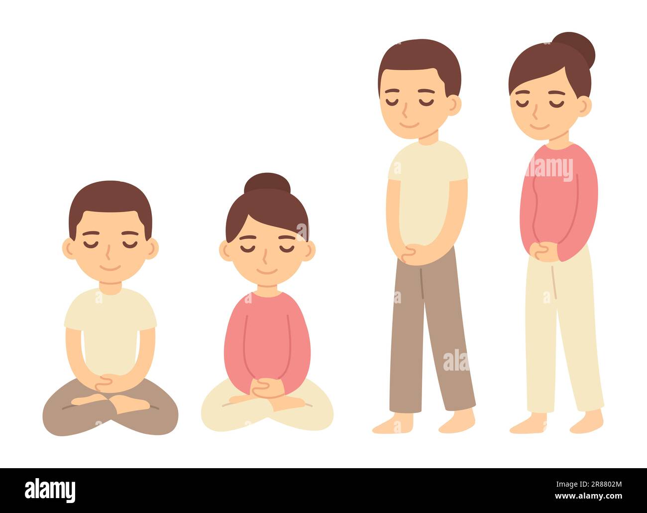 Carino uomo e donna cartoon fare seduta e meditazione a piedi. Illustrazione grafica con clip vettoriale semplice. Illustrazione Vettoriale