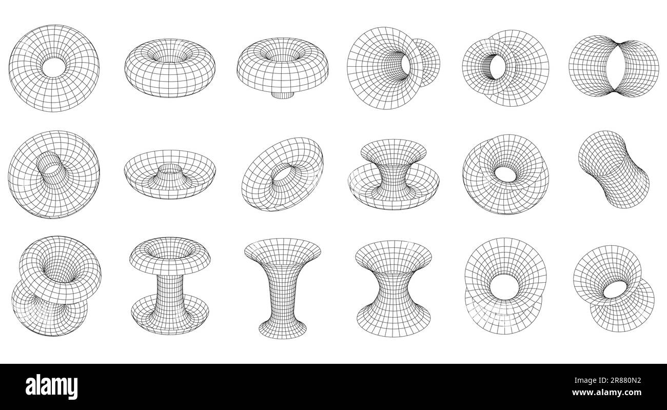 Astratto Strana struttura a reticolo 3D forme. Torus, fori neri, tubi, imbuti. Griglia distorta, mesh 3D. Set di diversi elementi grafici vettoriali nella Illustrazione Vettoriale