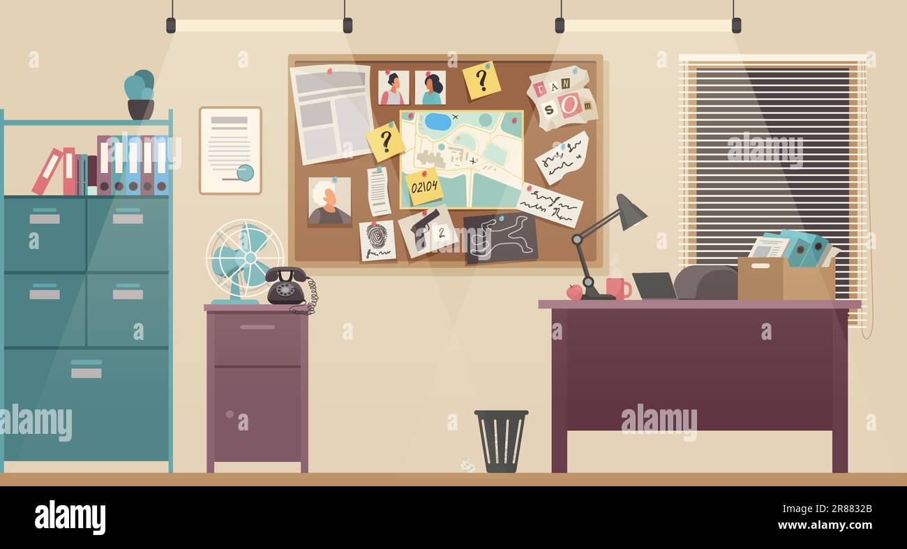 Sala ufficio per illustrazione vettore investigatore privato o investigatore di polizia. Interno ordinato cartone animato con scrivania e libreria, bordo di indagine con prove di crimine sulla parete, posto di lavoro di detective Illustrazione Vettoriale