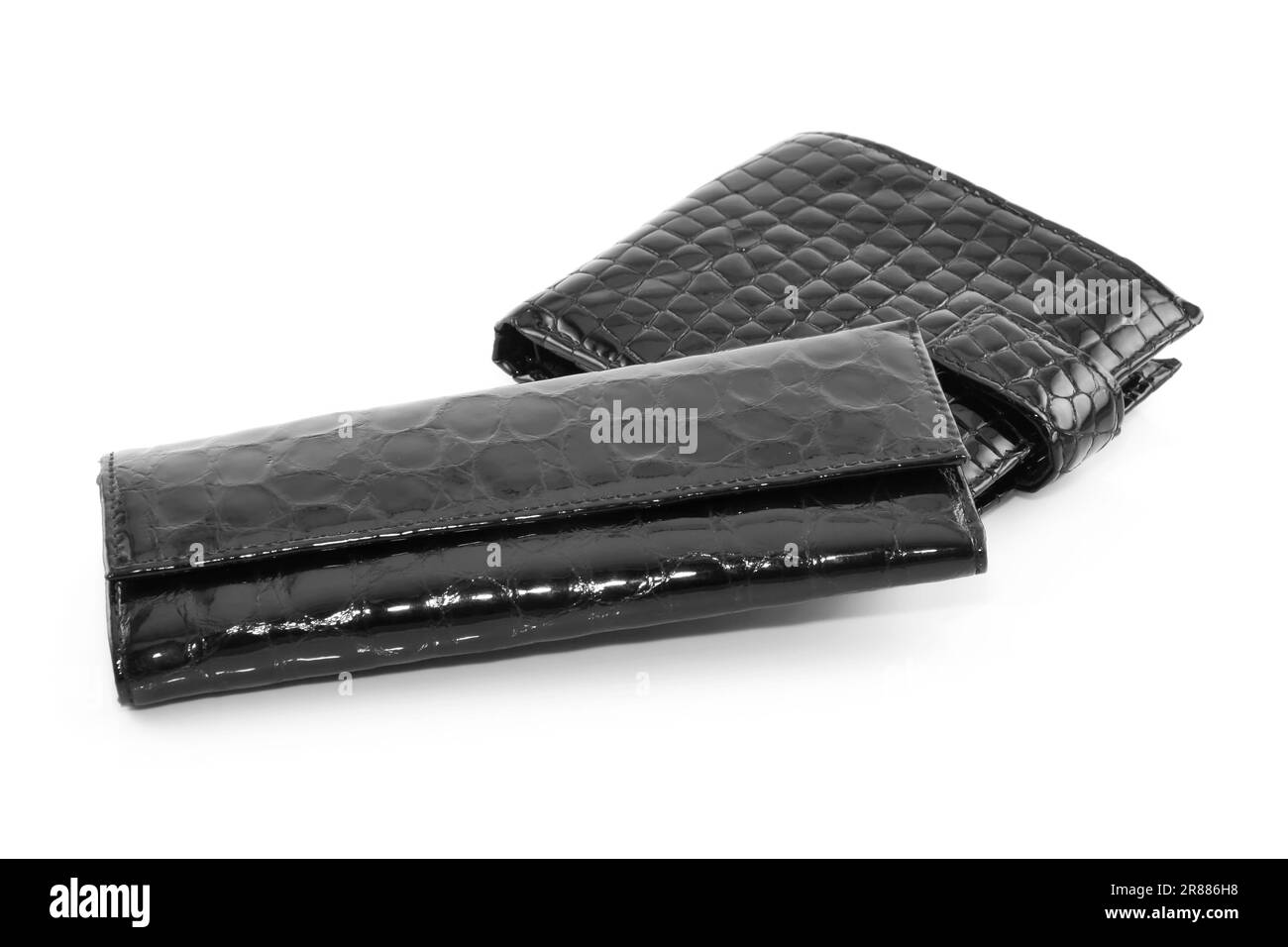 Borsa in pelle nera per chiavi e portafoglio isolato su sfondo bianco Foto Stock