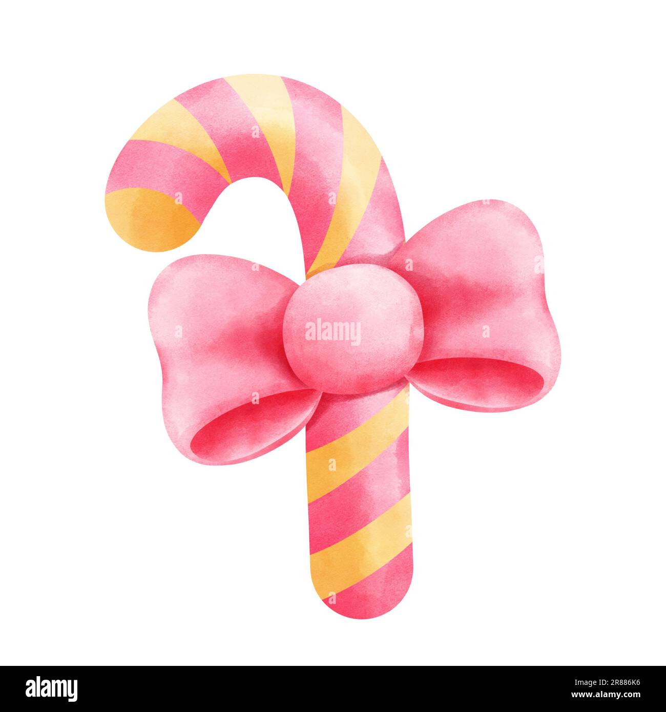 Clipart di canna da zucchero ad acquerello. Canna caramella rosa e gialla con fiocco a nastro rosa isolato su sfondo bianco. Dessert di Halloween, natale, Foto Stock