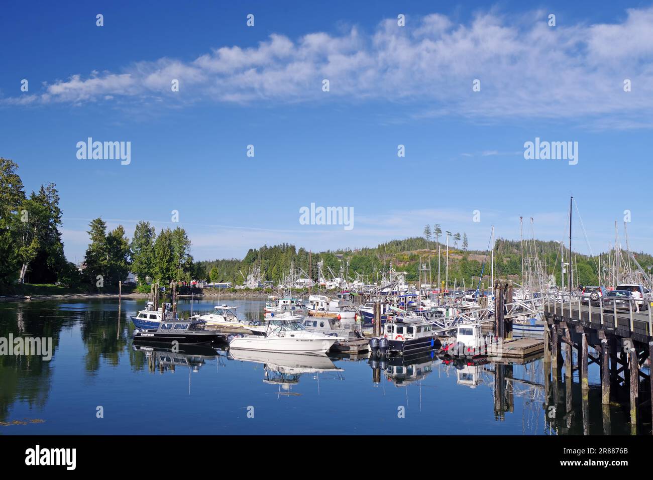 Piccole barche da pesca in acque calme e cristalline, pace, silenzio, Isola di Vancouver, Parco Nazionale, Pacifico, Columbia Britannica, Canada Foto Stock