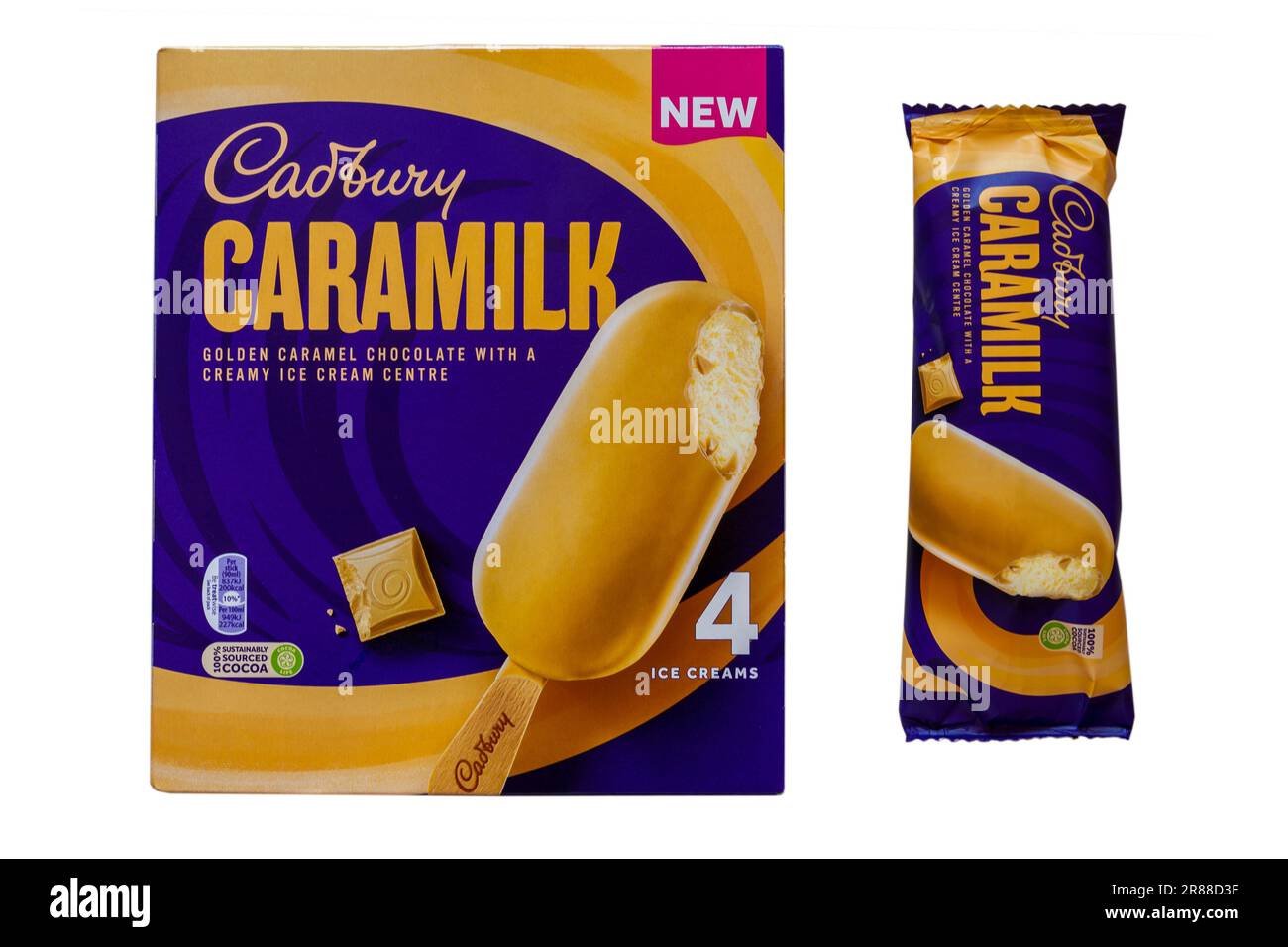 Scatola di gelato Cadbury Caramilk gelato gelato con uno rimosso isolato su sfondo bianco - cioccolato al caramello dorato con un centro cremoso gelato Foto Stock