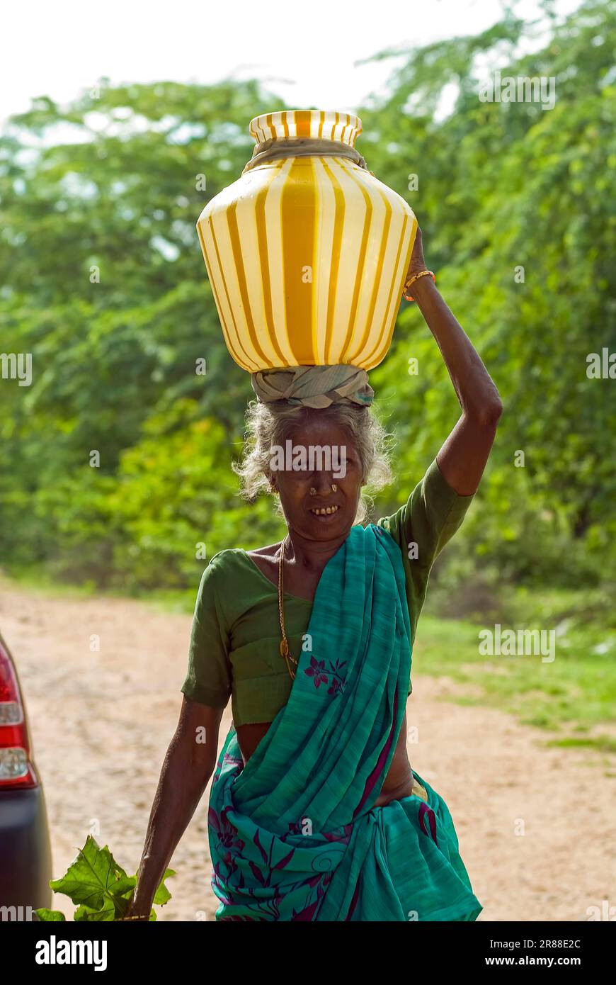 Una vecchia donna del villaggio che tiene la pentola dell'acqua sulla sua testa, Tamil Nadu, India del sud, India, Asia Foto Stock