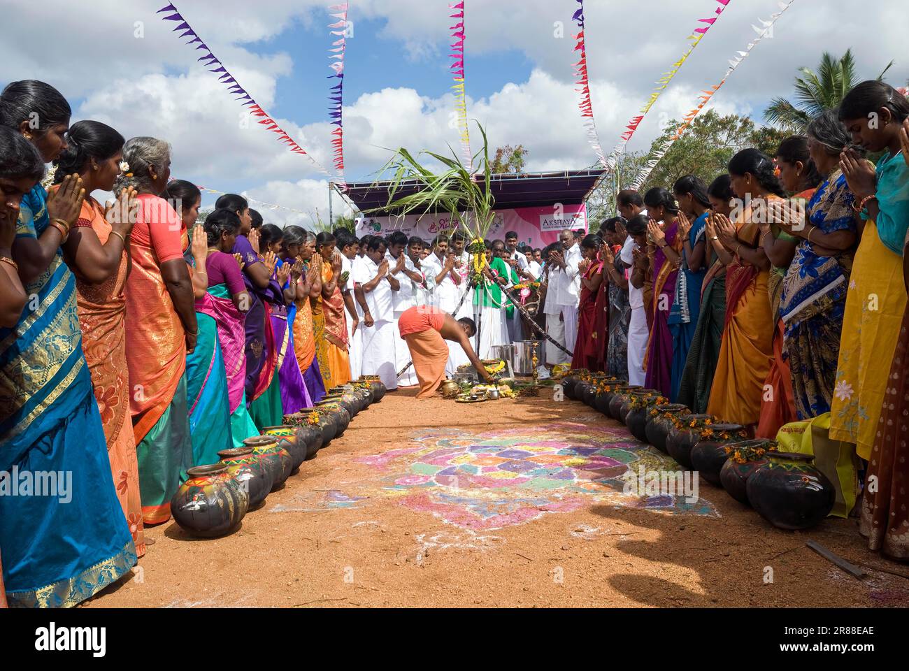 Gli abitanti del villaggio adorano le pentole di Pongal durante la celebrazione di Pongal a Pollachi, Tamil Nadu, India meridionale, India, Asia Foto Stock