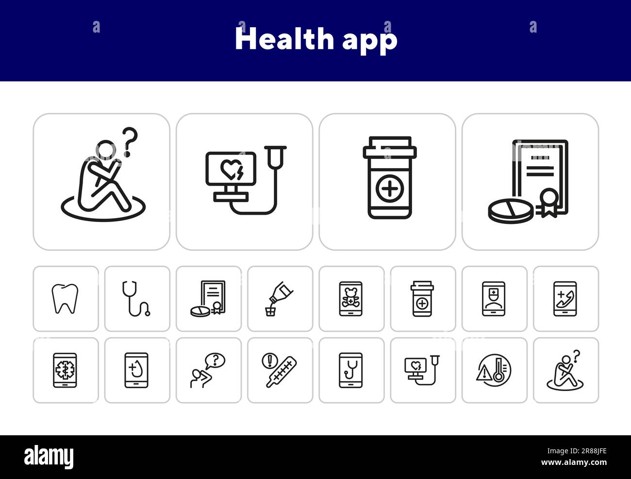 Set di icone della riga dell'app Health Illustrazione Vettoriale