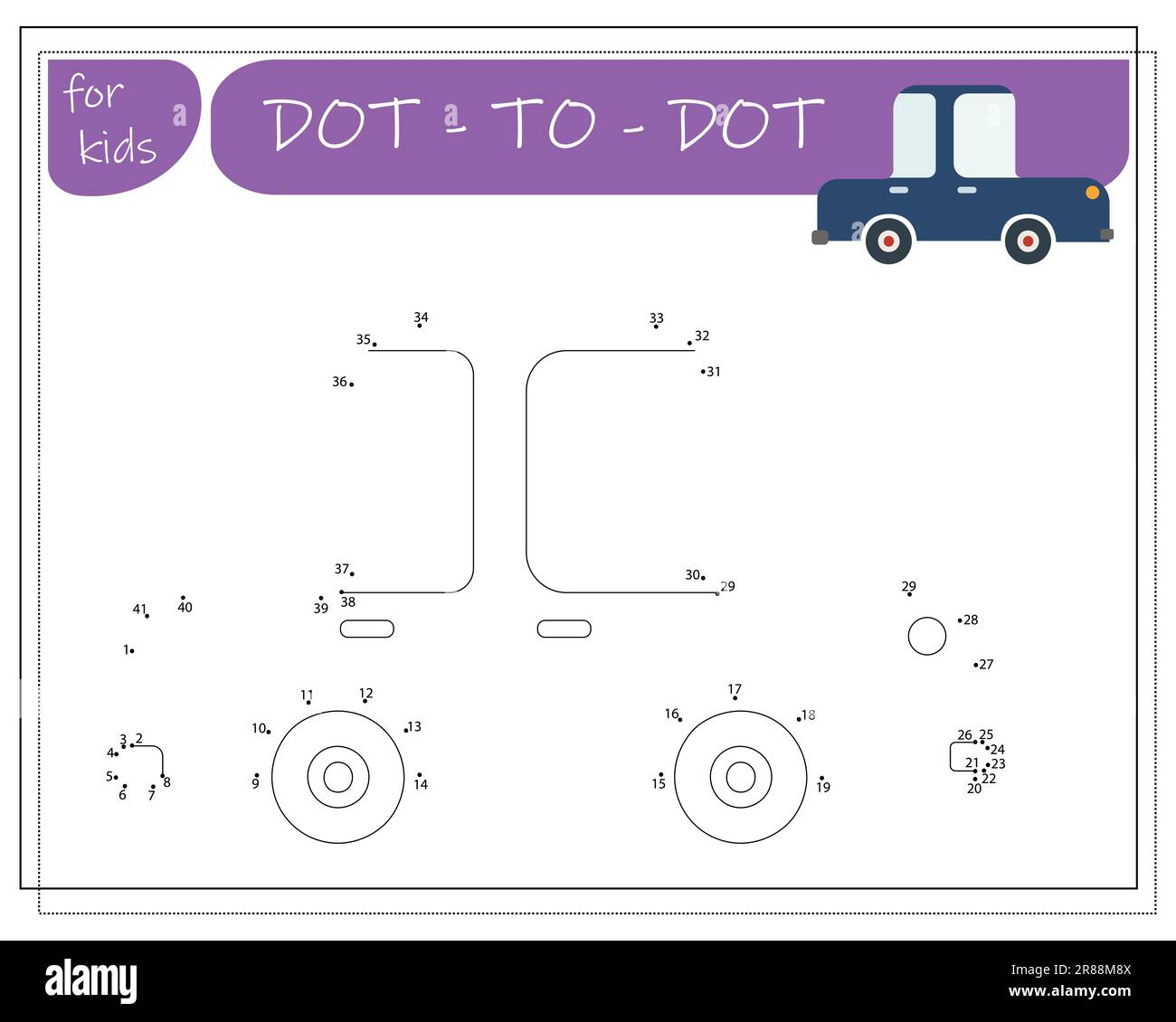 Un gioco con numeri, un gioco educativo da punto a punto per bambini, auto da cartone animato. Illustrazione vettoriale Illustrazione Vettoriale