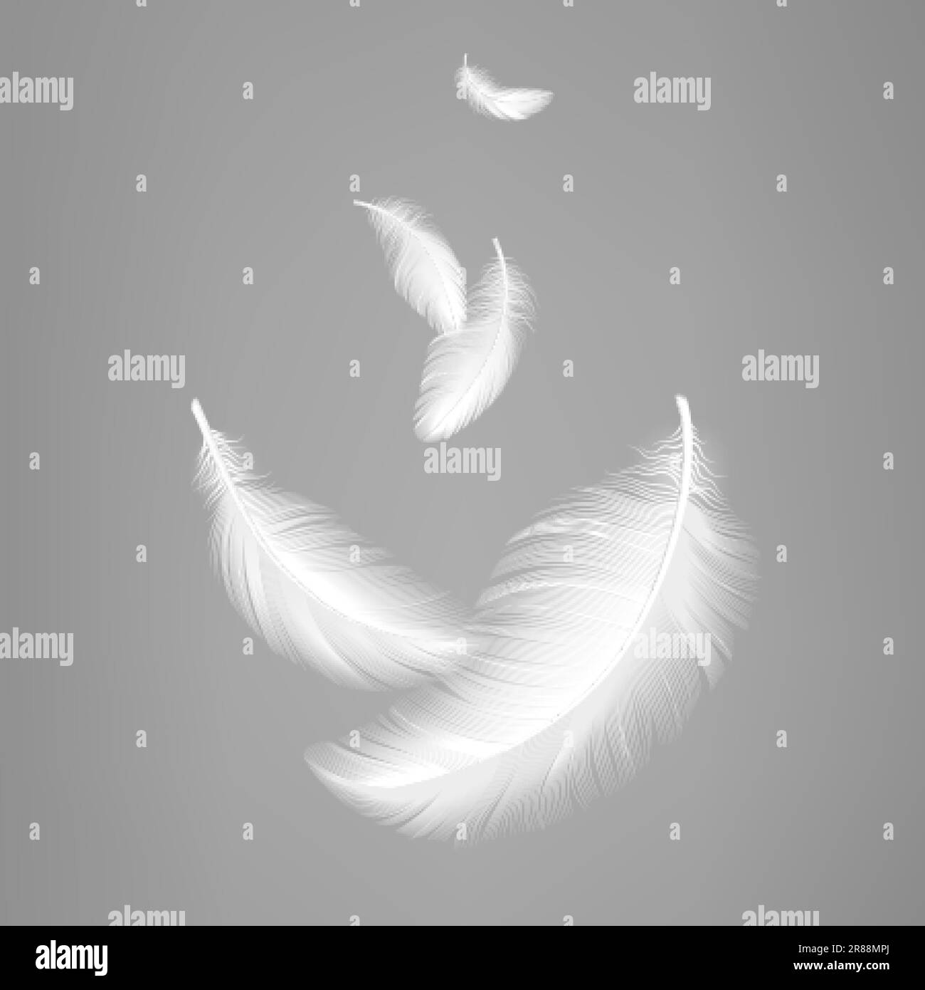 Piume realistiche volanti bianche. Composizione delle piume d'uccello, effetto leggerezza dei cuscini o dell'aria. Elementi grafici decorativi vettoriali Illustrazione Vettoriale