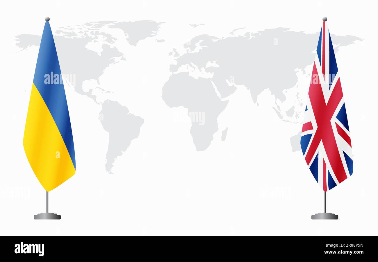 Bandiere di Ucraina e Regno Unito per l'incontro ufficiale sullo sfondo della mappa mondiale. Illustrazione Vettoriale