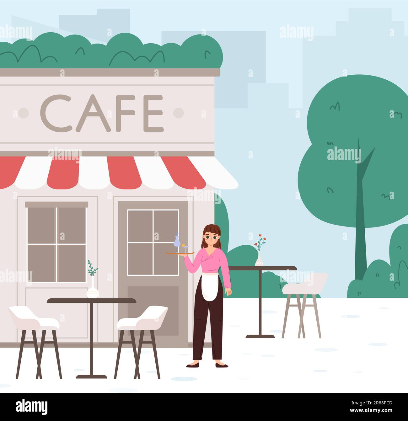 Cameriere ragazza Cartoon stand a porta strada Summer Cafe. Ristorante o bar esterno, tavoli e sedie. Cibo, mangiare nel parco, vettore all'aperto scena Illustrazione Vettoriale