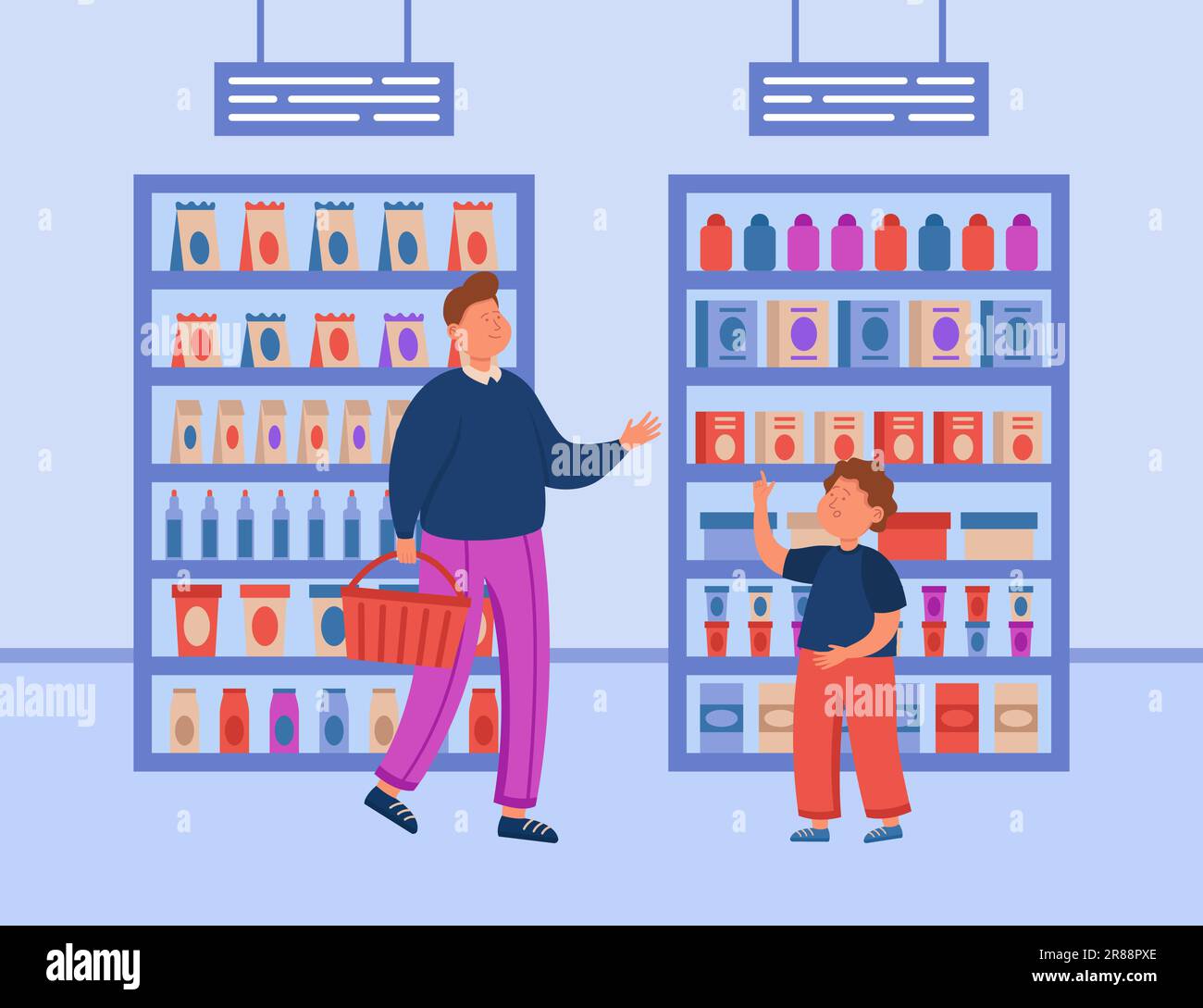 Padre e figlio shopping nel reparto di alimentari del supermercato Illustrazione Vettoriale