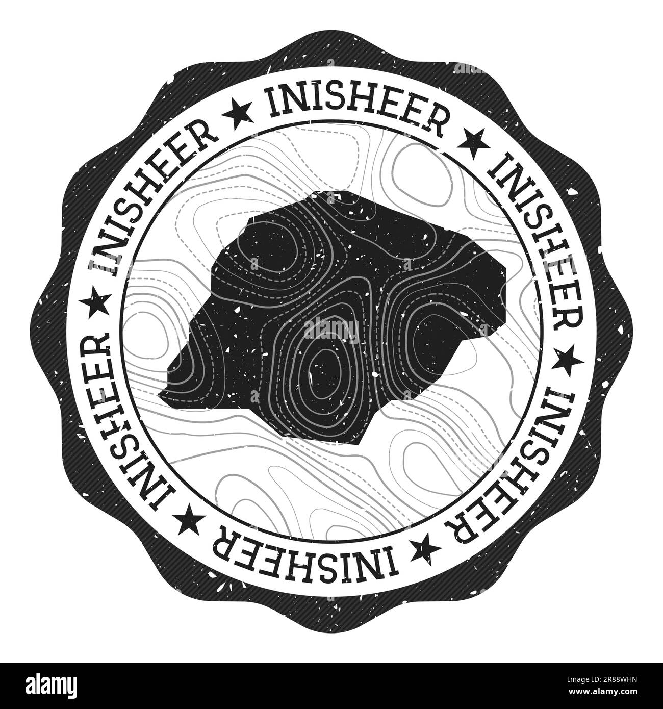 Francobollo Inisheer per esterni. Adesivo rotondo con mappa dell'isola con isoline topografiche. Illustrazione vettoriale. Illustrazione Vettoriale