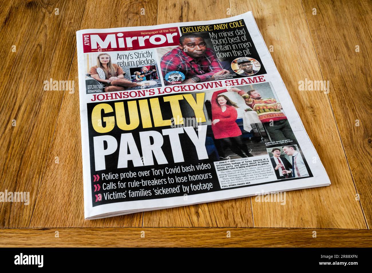 19 giugno 2023. Il titolo della prima pagina del Daily Mirror è colpevole Party & Johnson's Lockdown vergogna a seguito delle notizie dell'ultimo video Partygate. Foto Stock