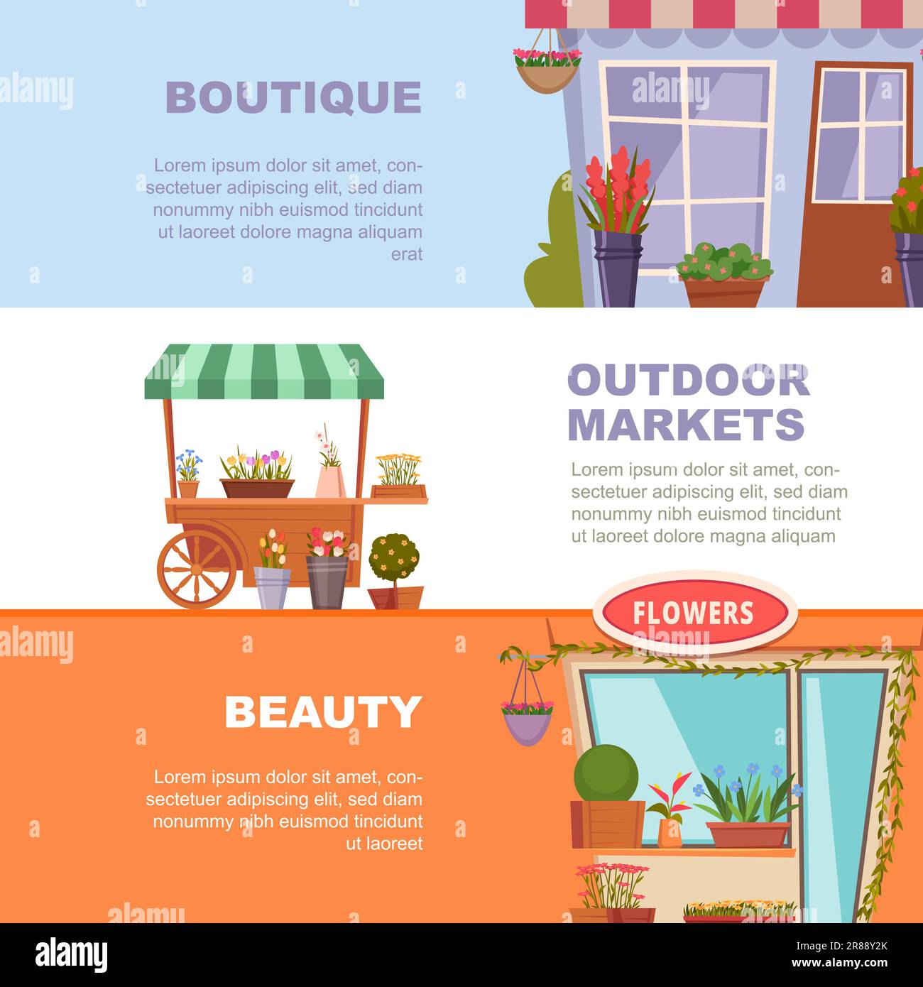 Boutique di fiori. banner pubblicitari con mercati di fiori all'aperto Illustrazione Vettoriale