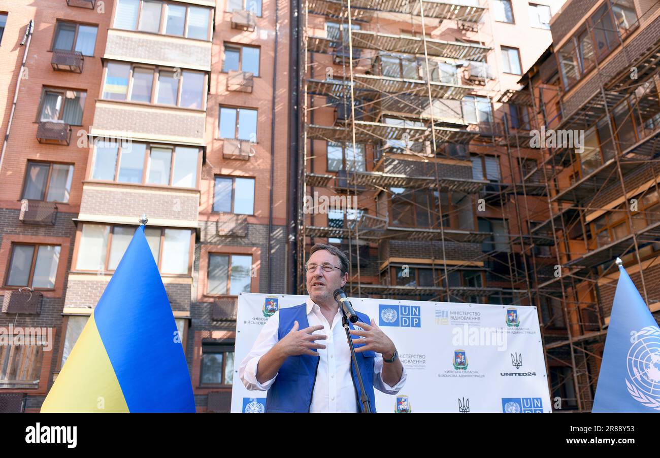 IRPIN, UCRAINA - 17 GIUGNO 2023 - Amministratore del programma di sviluppo delle Nazioni Unite (UNDP) Achim Steiner consegna un discorso durante il lancio di Foto Stock