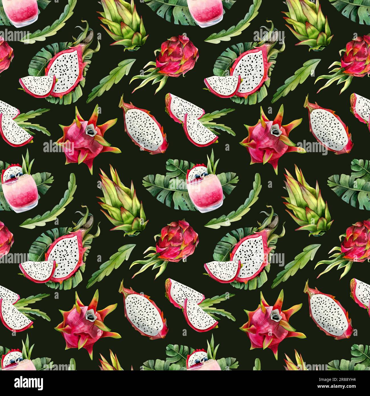 Verde scuro rosa pitaya frutti drago acquerello e foglie tropicali modello senza cuciture con disegni pitahaya Foto Stock