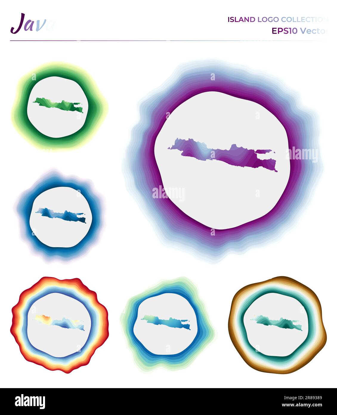 Collezione di logo Java. Distintivo colorato dell'isola. Livelli intorno alla forma del bordo Java. Illustrazione vettoriale. Illustrazione Vettoriale