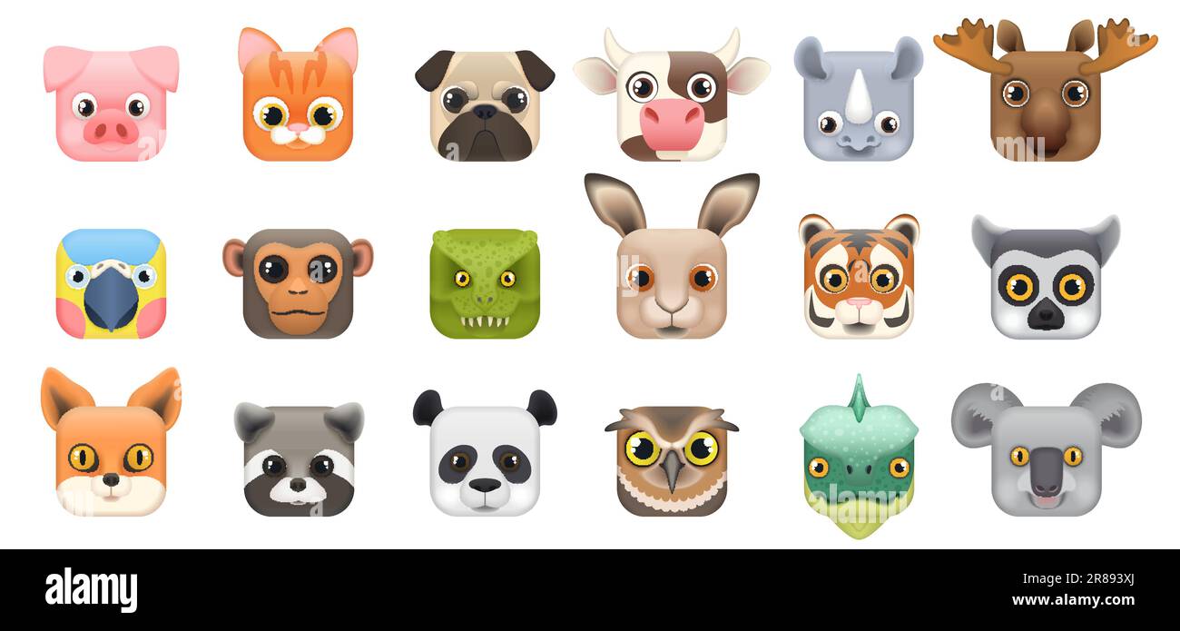 Carino animale e uccello facce set, icone di forma quadrata vettore illustrazione. Cartone animato isolato divertenti teste di personaggi forestali e agricoli, pulsanti per cellulari e collezione di adesivi kawaii per giochi di peperoncini Illustrazione Vettoriale