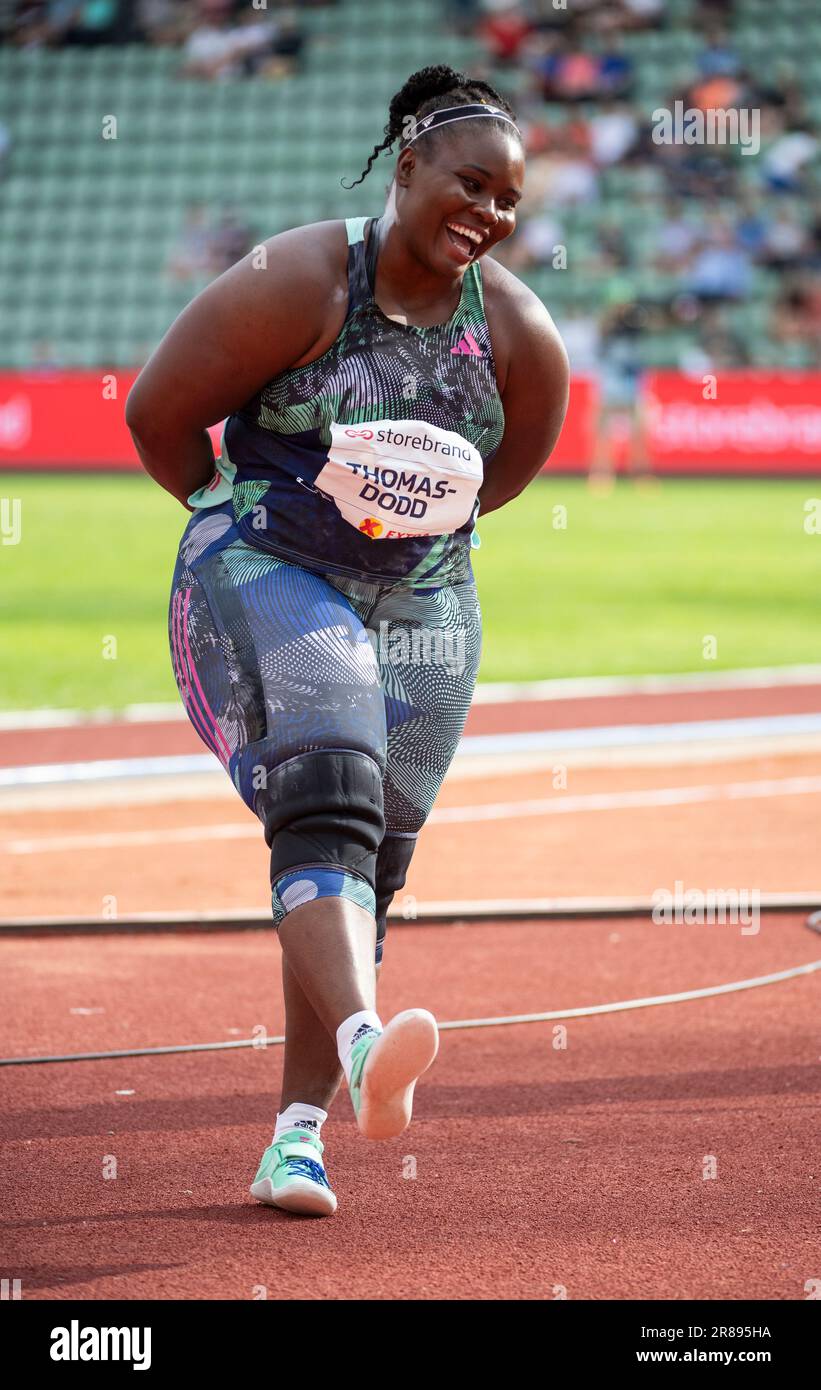 Danniel Thomas-Dodd della Giamaica, che gareggia nel colpo da donna messo ai Oslo Bislett Games, alla Wanda Diamond League, al Bislett Stadium, a Oslo Norvegia Foto Stock