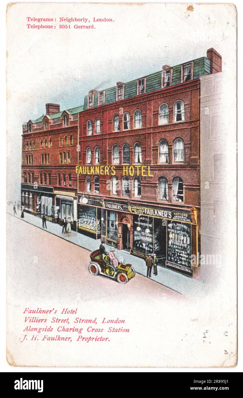 Regno Unito Londra - Faulkner's Hotel 1910 copertina su cartolina. Cartolina vintage con bordi intemperie su sfondo bianco stampata intorno al 1910, Regno Unito Foto Stock