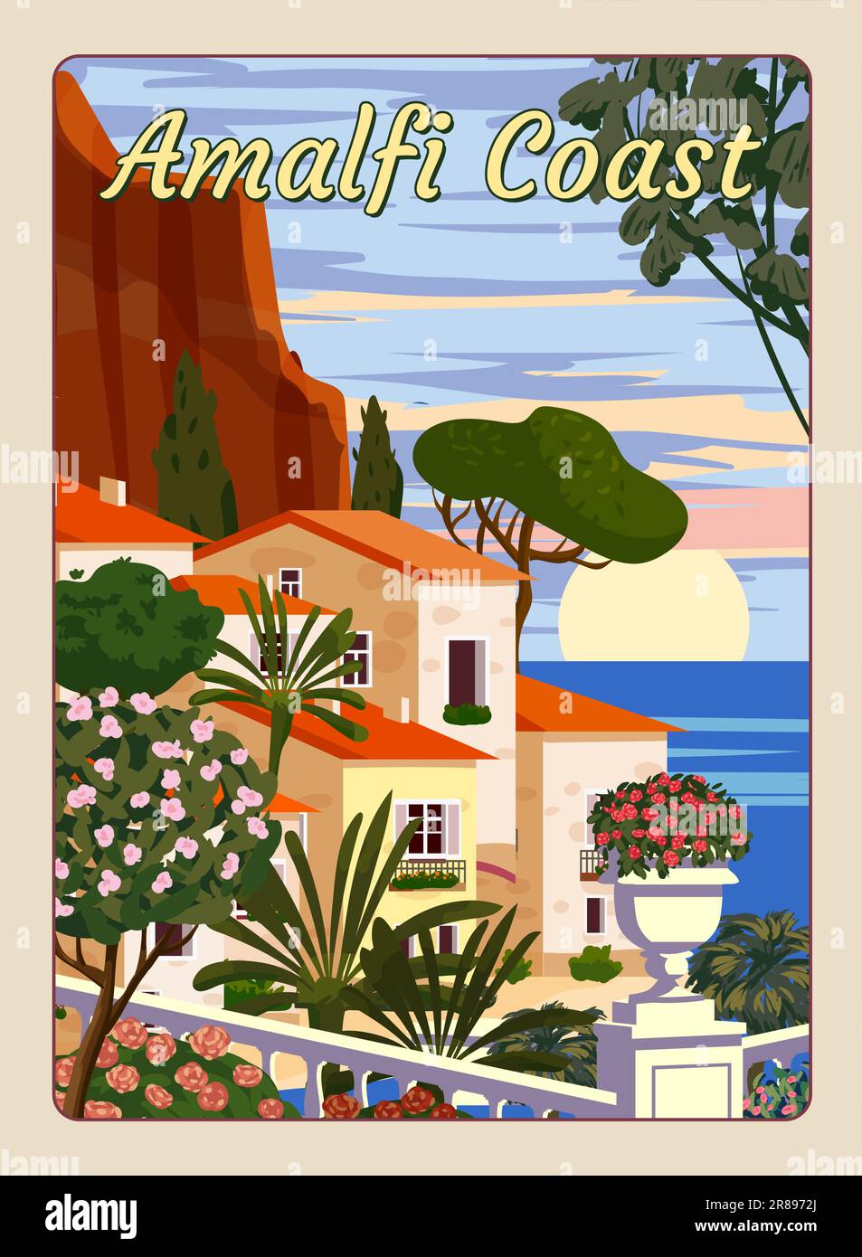 Costiera Amalfitana, paesaggio romantico mediterraneo, montagne, mare, mare. Viaggio con poster retrò Illustrazione Vettoriale