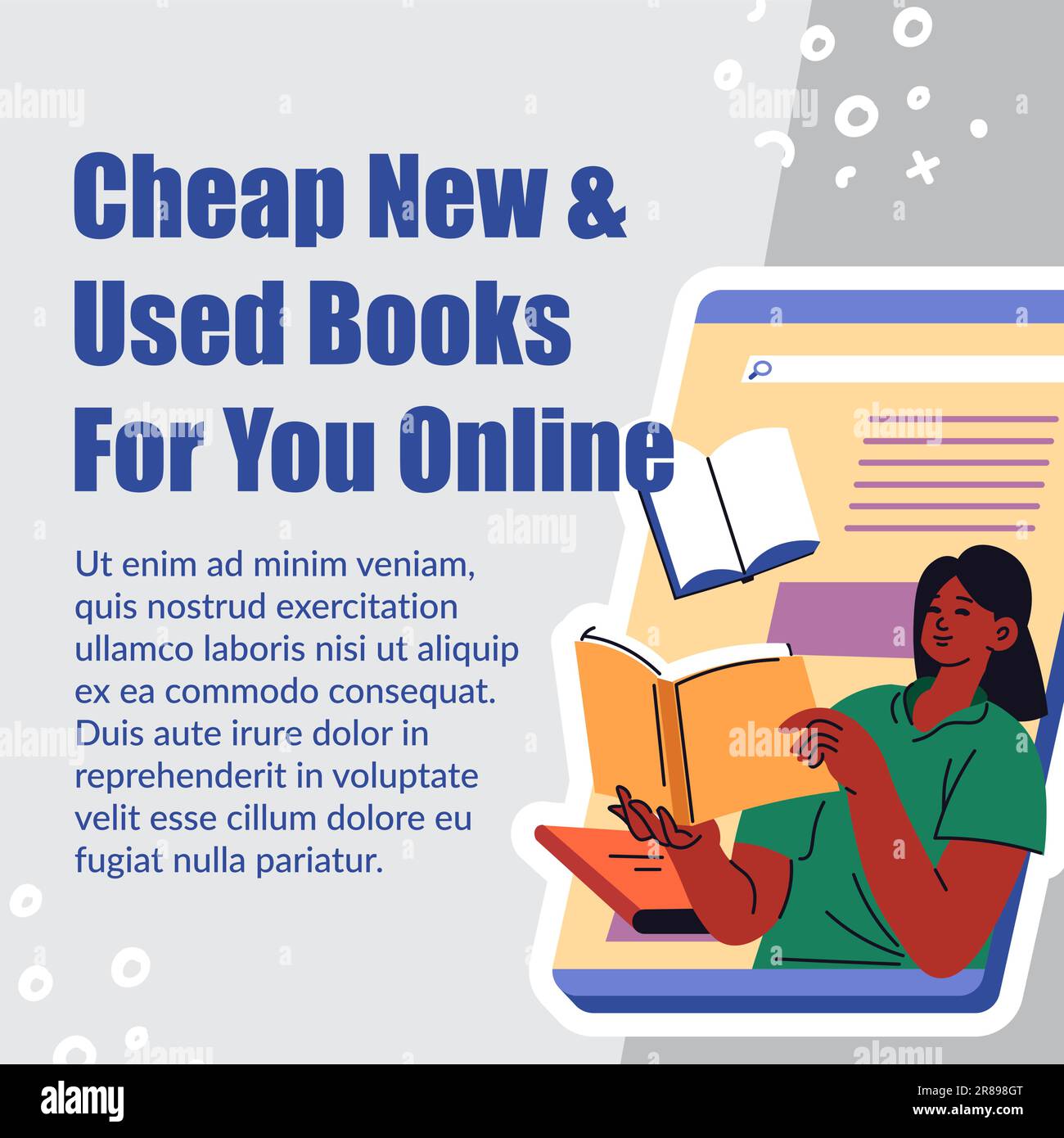 Libri usati e nuove pubblicazioni a buon mercato per leggere online. Fiction e romanzi elettronici, volumi stampati e pubblicati. Varietà e assortimento in biblioteca. Illustrazione Vettoriale
