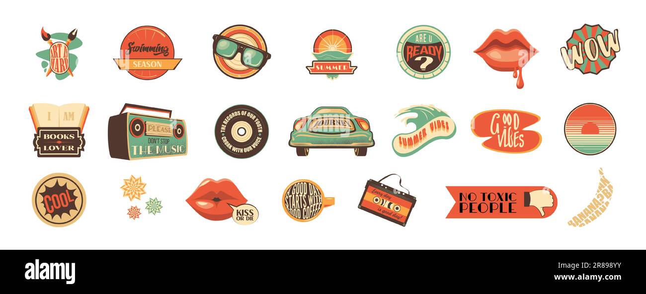 Confezione di adesivi groovy Summer Vibe isolati su sfondo bianco. Illustrazione vettoriale di toppe di stile retrò con auto, registratore a nastro, labbra, piastra in vinile, onda, sole, caffè e testo divertente. Arte alla moda Illustrazione Vettoriale