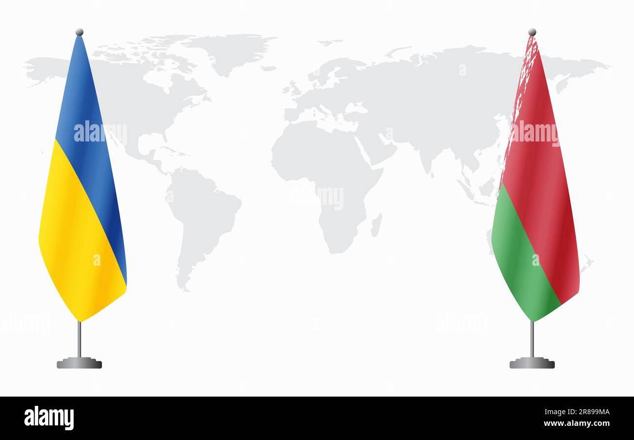 Bandiere ucraine e bielorusse per l'incontro ufficiale sullo sfondo della mappa mondiale. Illustrazione Vettoriale