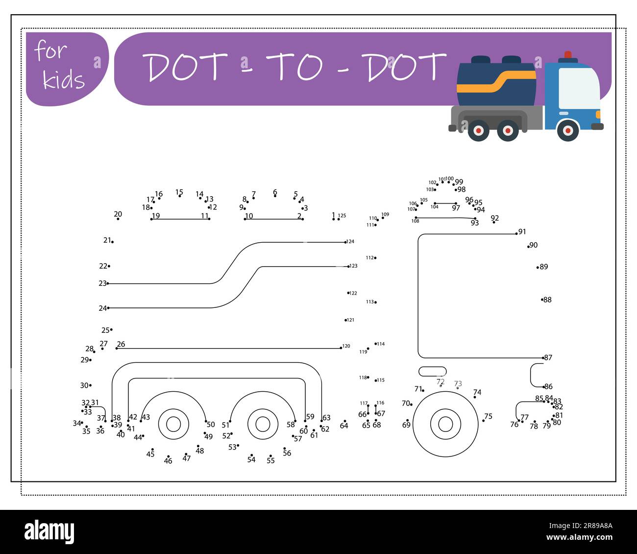 Un gioco con numeri, un gioco educativo da punto a punto per bambini, auto da cartone animato. Illustrazione vettoriale Illustrazione Vettoriale