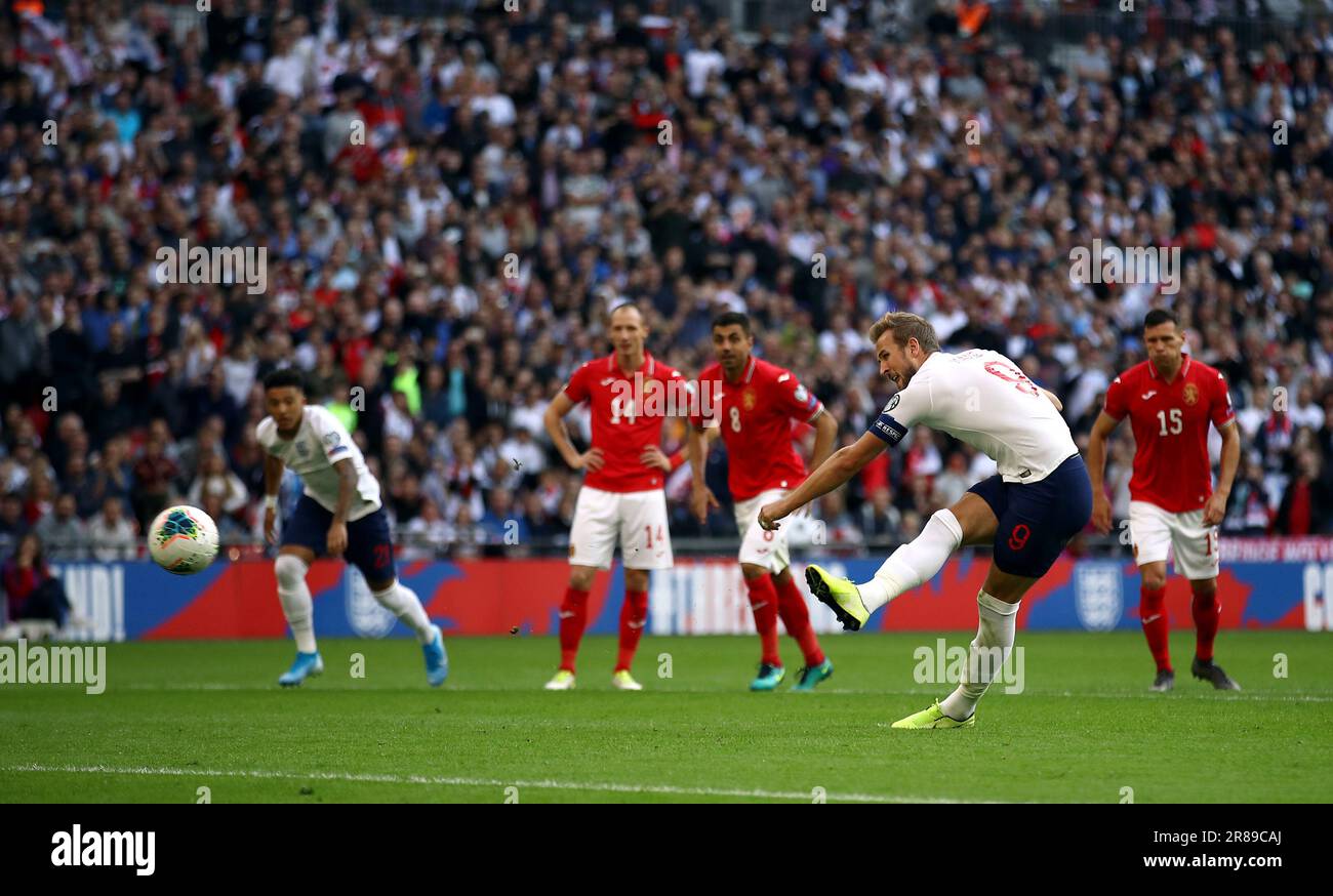 Foto del file datata 07-09-2019 di Harry Kane completando il suo trucco contro la Bulgaria. Il secondo trucco internazionale di Kane è stato molto simile al suo primo in quanto ha caratterizzato due penalità dopo che Kane aveva aperto il suo conto con un finale intelligente sul turno. Data di emissione: Martedì 20 giugno 2023. Foto Stock