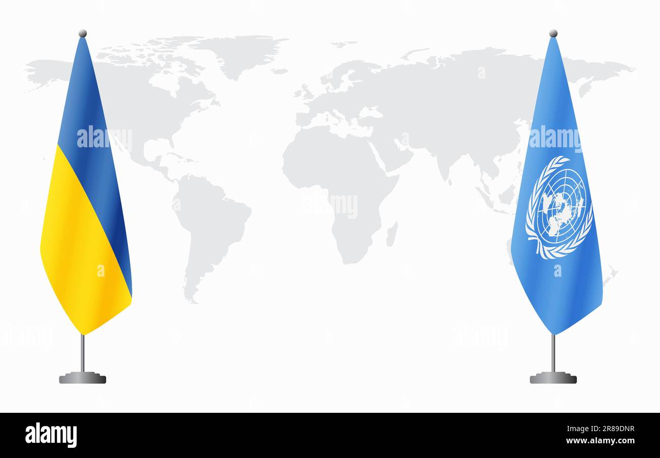 L'Ucraina e le Nazioni Unite battono bandiera per l'incontro ufficiale sullo sfondo della mappa mondiale. Illustrazione Vettoriale