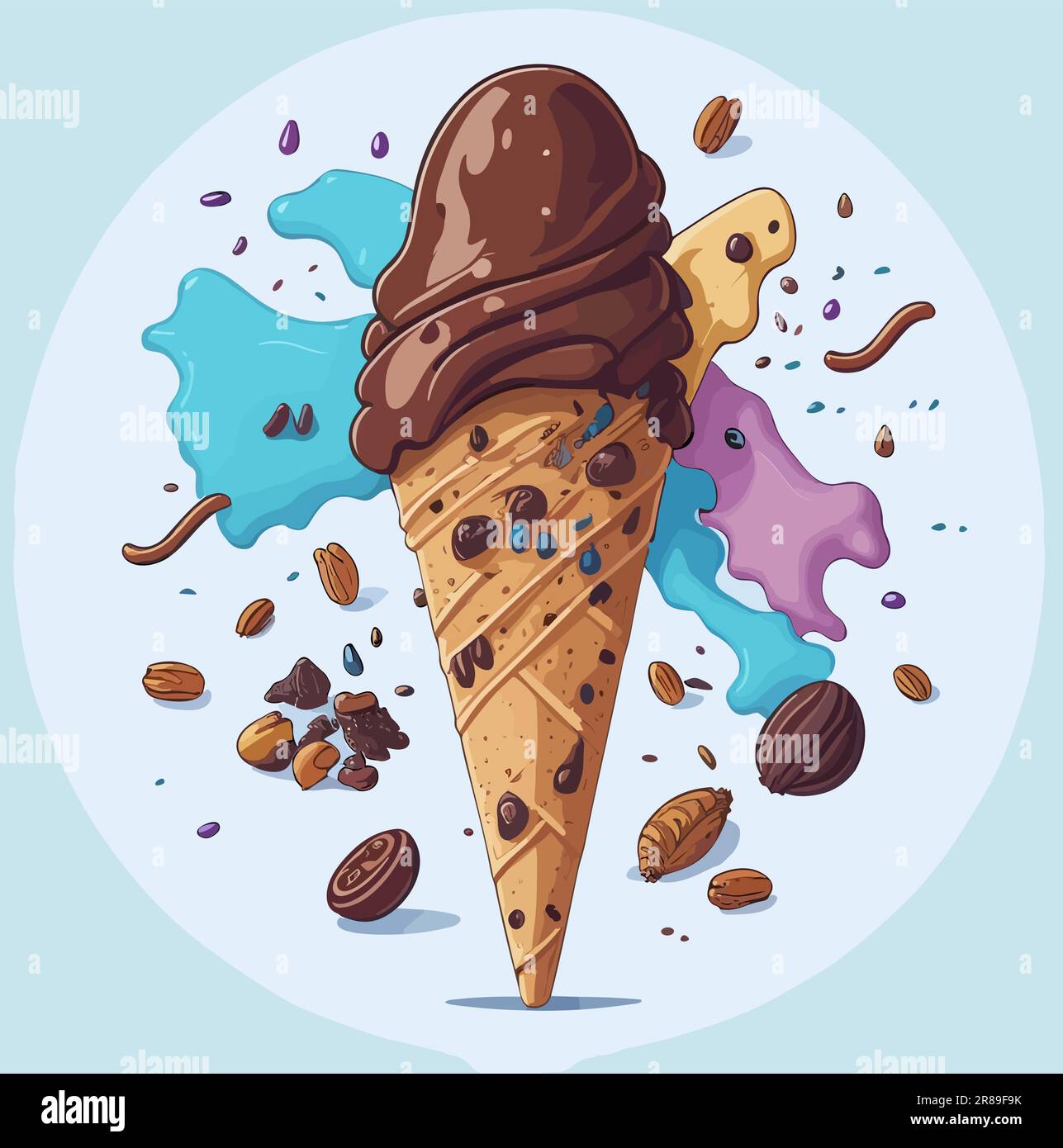Gelato al cioccolato nel vettore di cialde a cono. Illustrazione Vettoriale