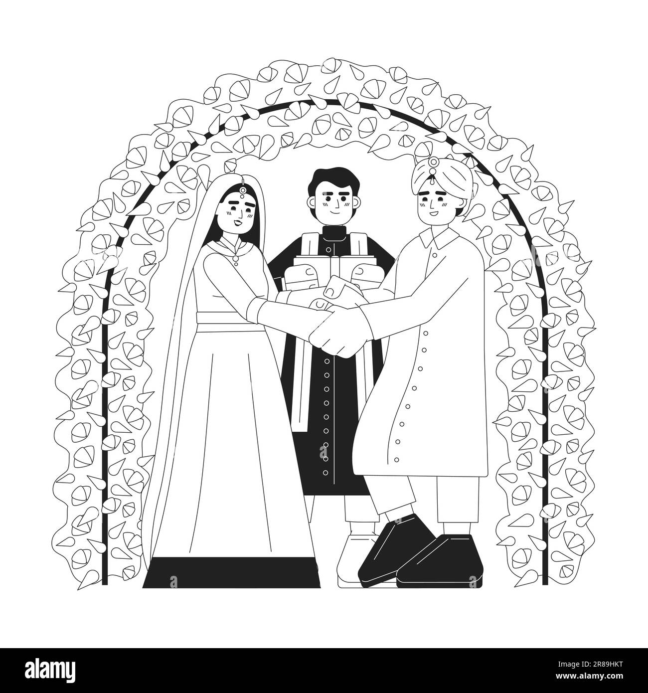 Illustrazione spot vettoriale monocromatica della cerimonia di nozze indiana Illustrazione Vettoriale